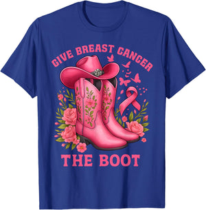 Give Breast Cancer The Boot Cowgirl Cancer Awareness Ribbon T-Shirt - T-Shirt | Royal