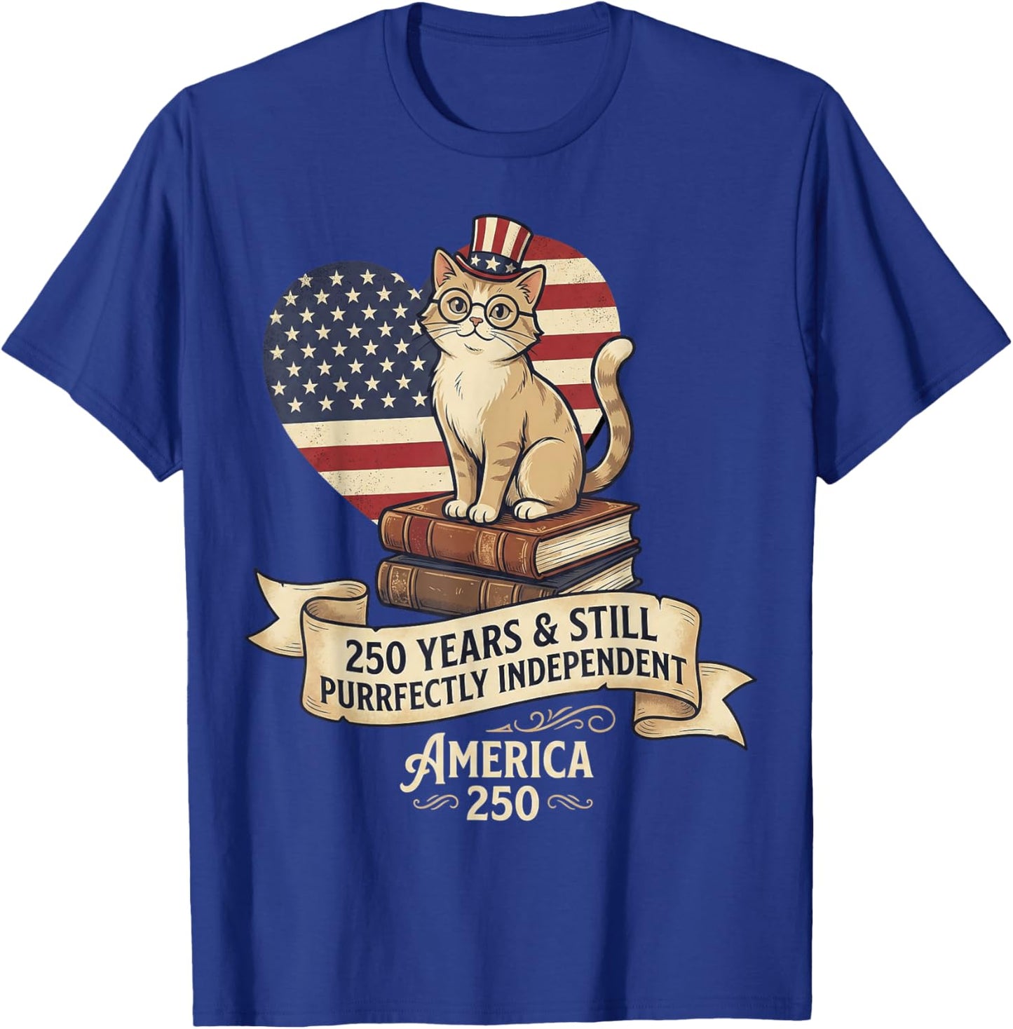 250 Anniversary USA Shirt Book Cute Cat 4th of July T-Shirt - T-Shirt | Royal