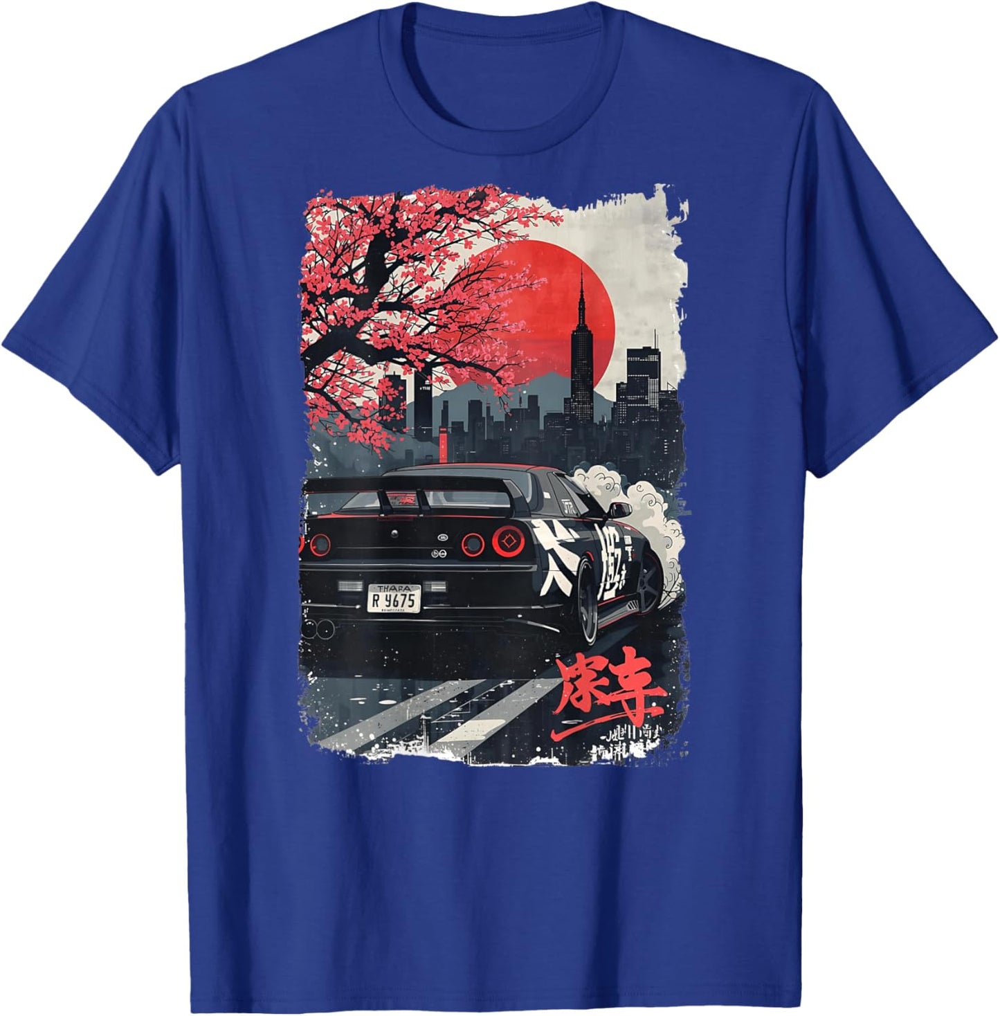 JDM Drift Racing Car Japanese Sakura Blossom Art (On Back) T-Shirt - T-Shirt | Royal