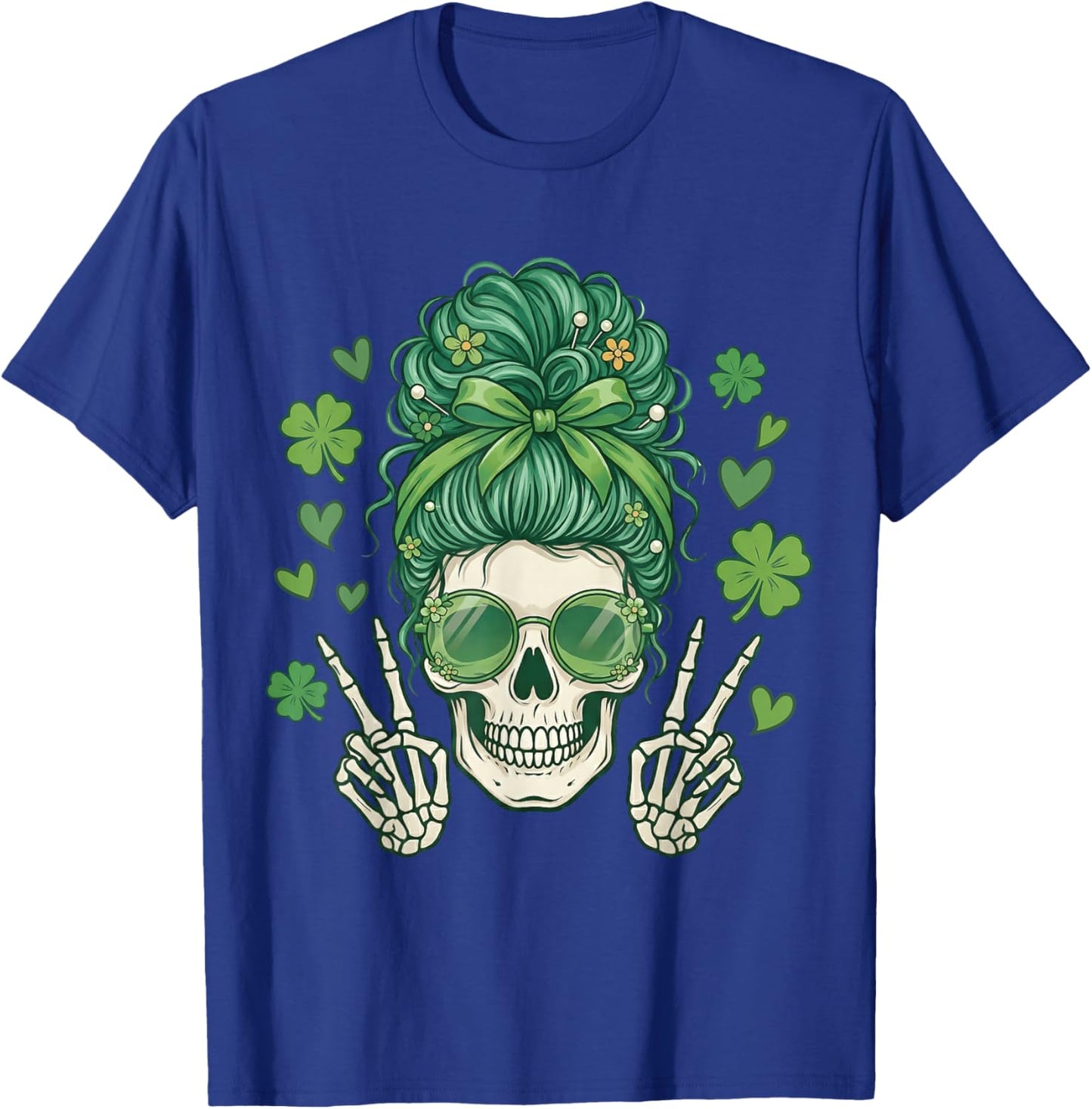 Messy Bun Skull St Patricks Day Women Girl St Paddys Pattys T-Shirt - T-Shirt | Royal