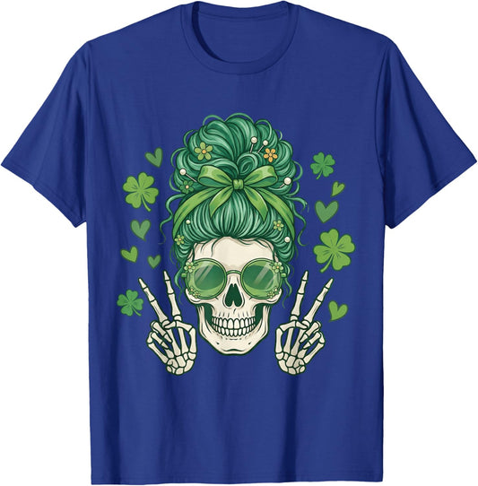 Messy Bun Skull St Patricks Day Women Girl St Paddys Pattys T-Shirt - T-Shirt | Royal