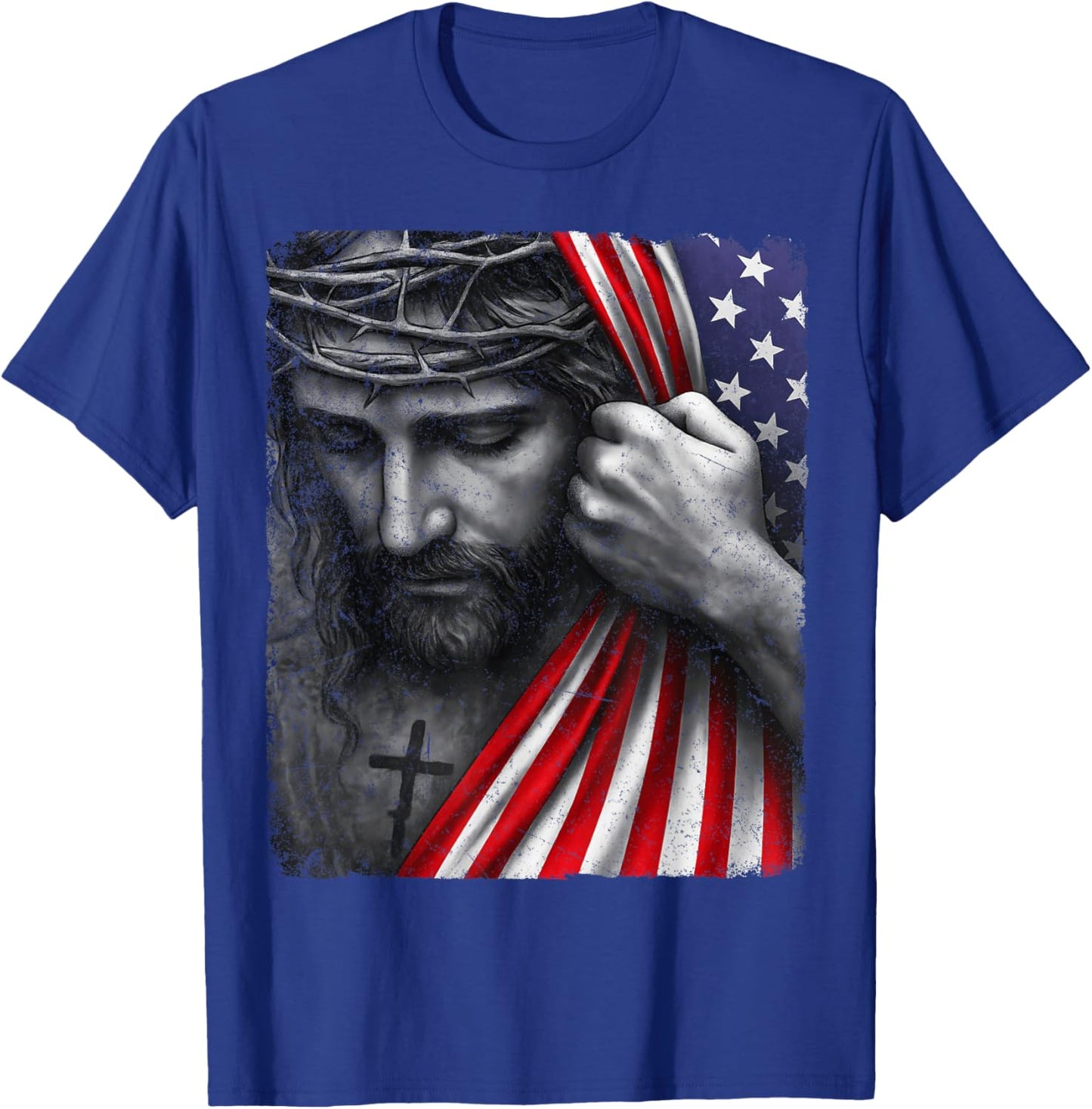 Jesus Faith Cross Crown America Patriotic Heritage Flag T-Shirt - T-Shirt | Royal