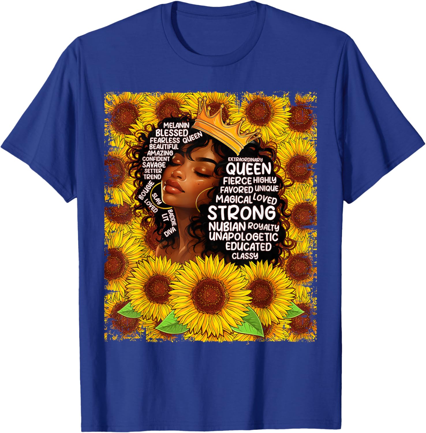 Black History Month Black Queen Afro Women Girls Sunflowers T-Shirt - T-Shirt | Royal