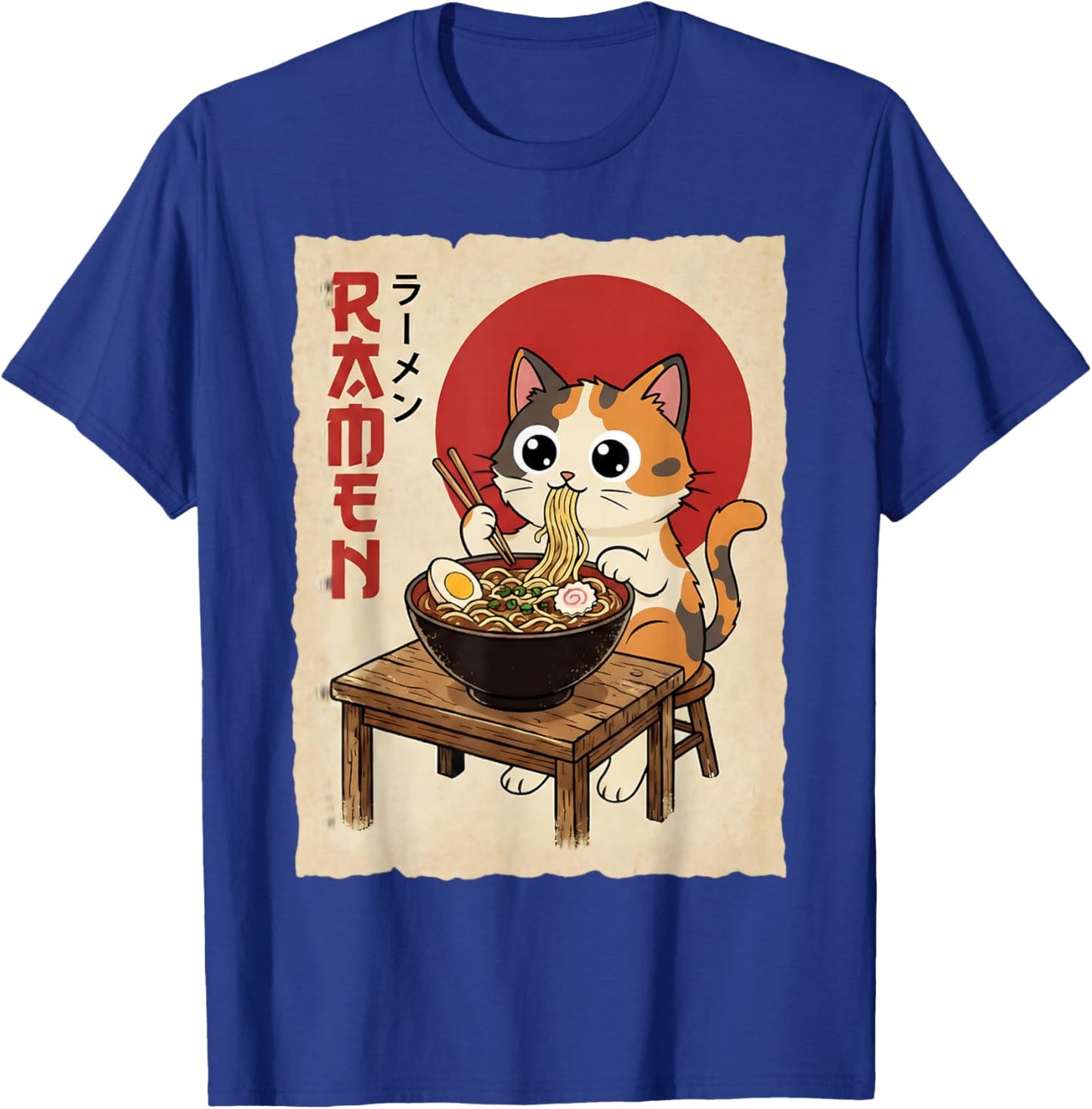 Anime Calico Cat Eating Noodles Funny Kawaii T-Shirt - T-Shirt | Royal