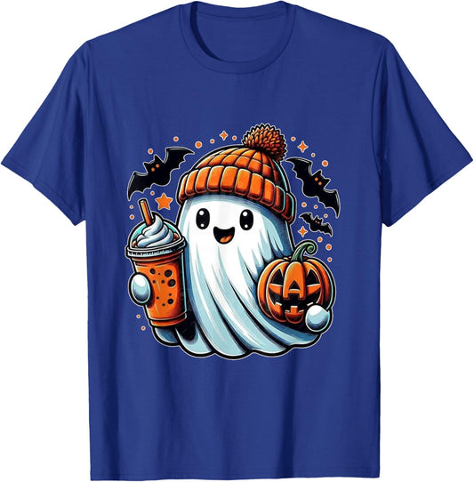 Cute Ghost Drinking Ice Coffee Halloween Pumpkin T-Shirt - T-Shirt | Royal