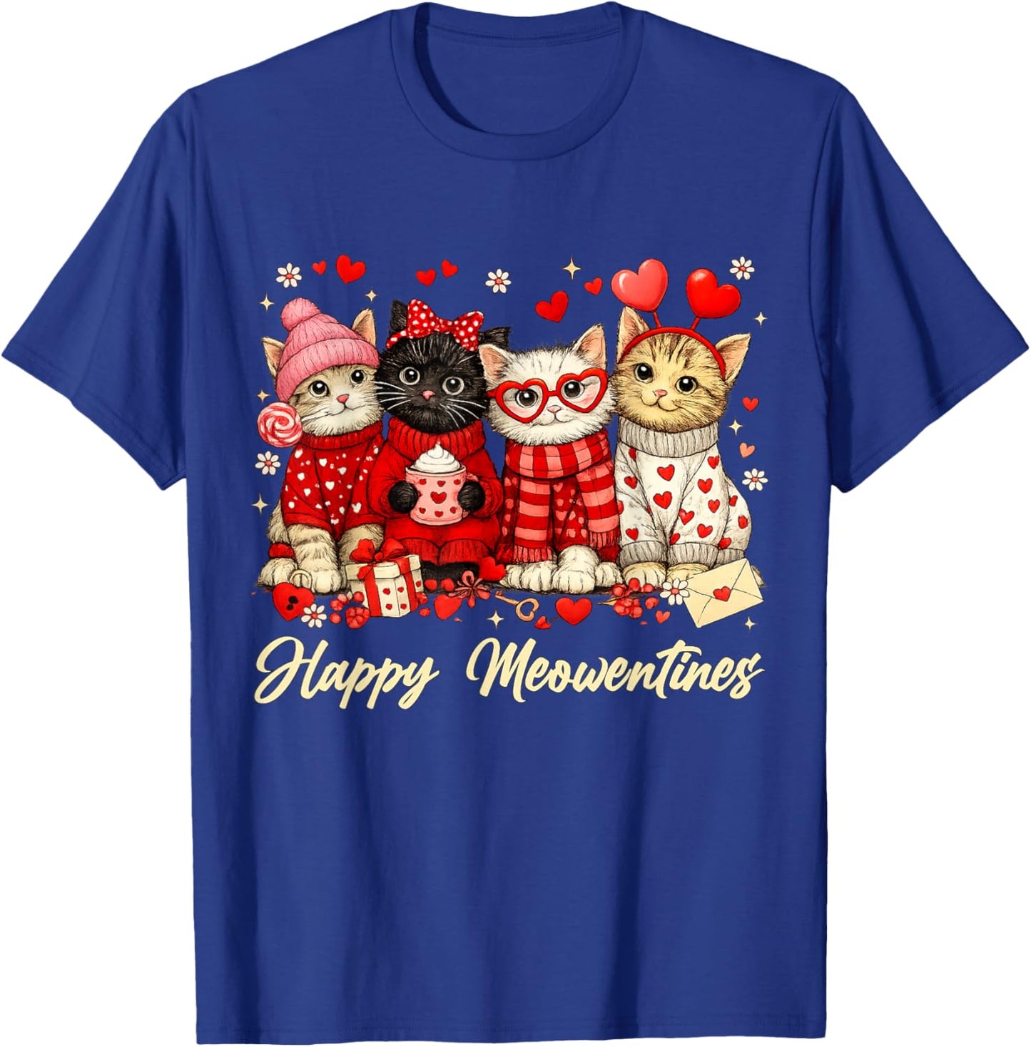 Funny Valentines Day Cats Happy Meowentines Kitten Hearts T-Shirt - T-Shirt | Royal