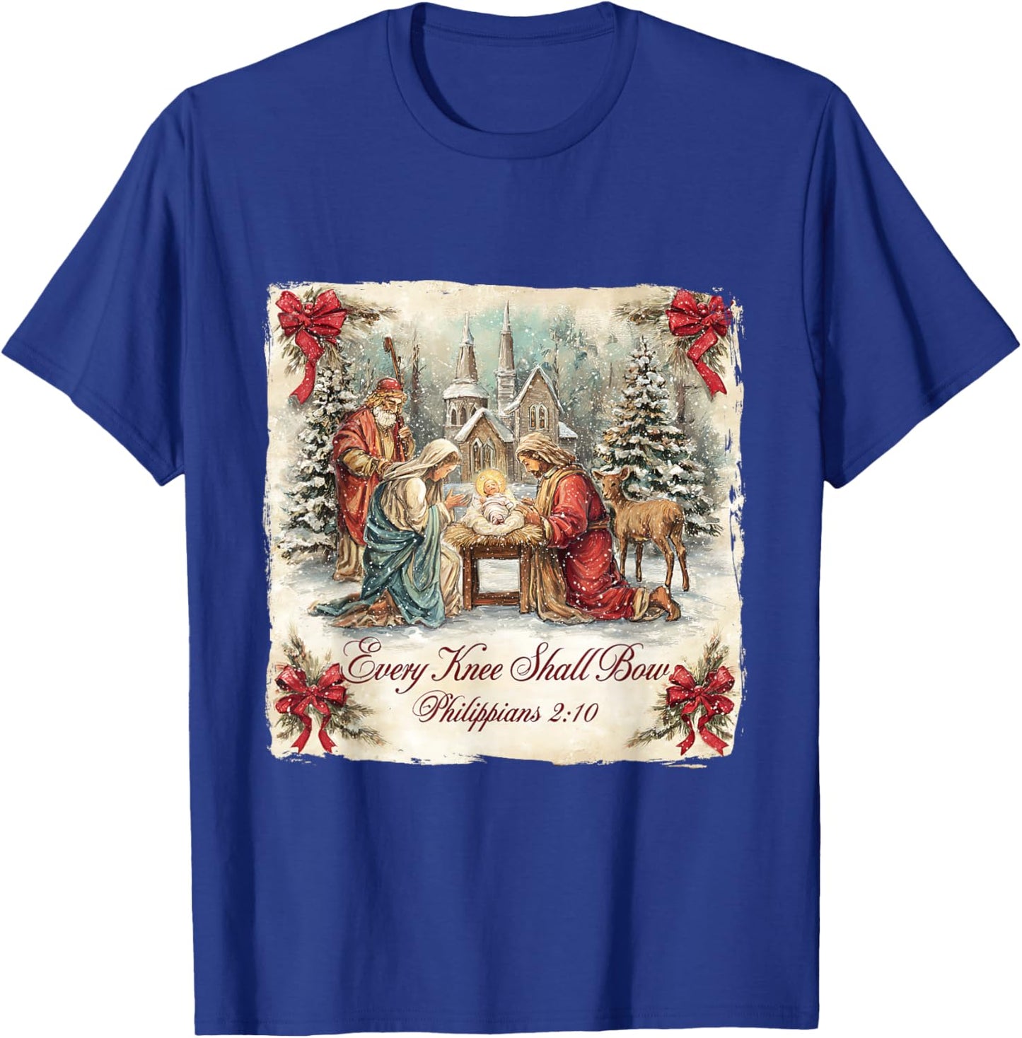 Bow Santa Christmas Nativity Scene Every Knee Shall Xmas T-Shirt - T-Shirt | Royal