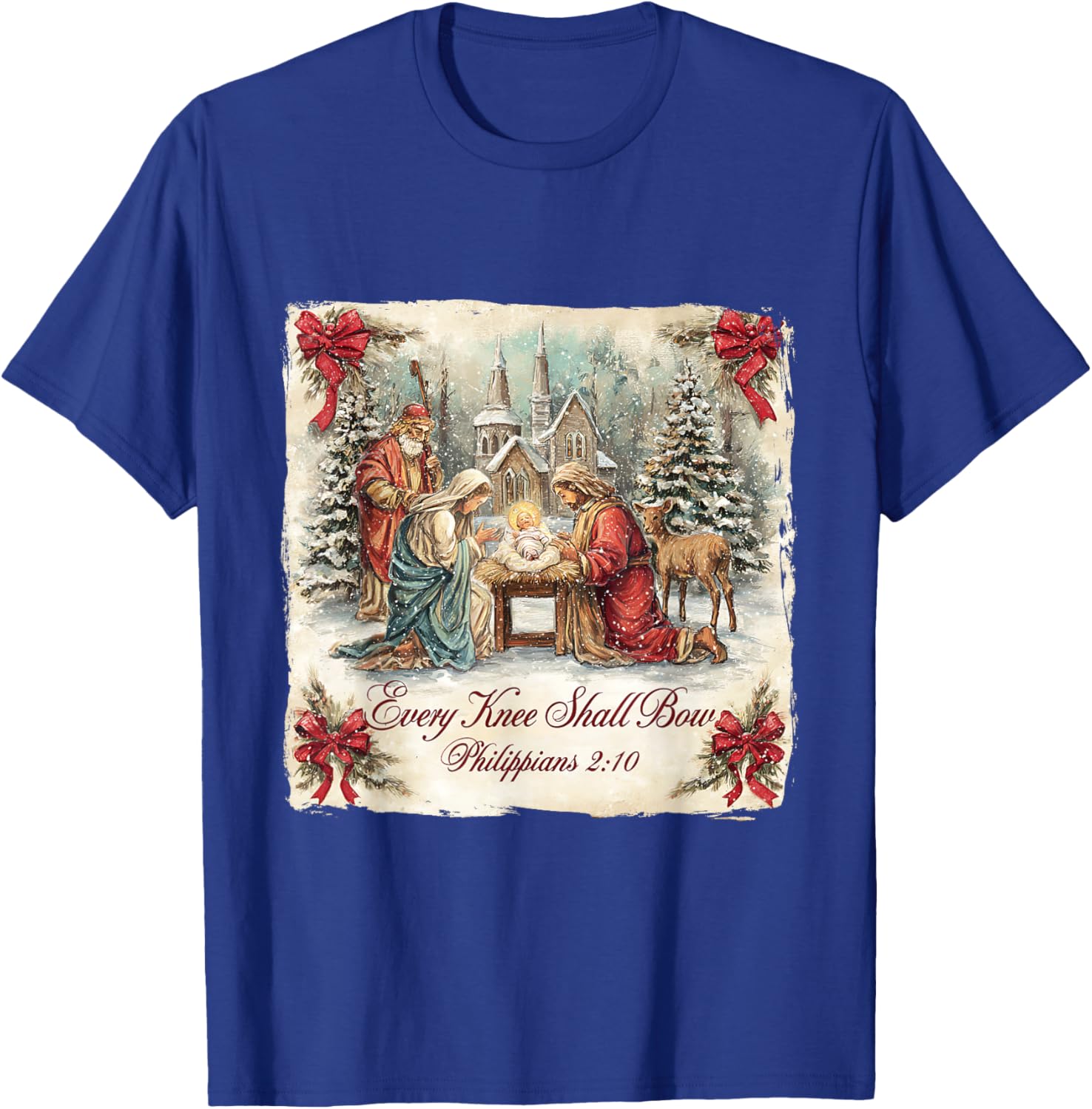 Bow Santa Christmas Nativity Scene Every Knee Shall Xmas T-Shirt - T-Shirt | Royal