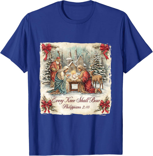Bow Santa Christmas Nativity Scene Every Knee Shall Xmas T-Shirt - T-Shirt | Royal