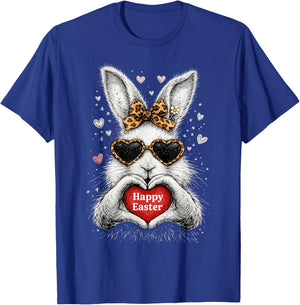 Rabbit Bunny Wearing Leopard Glasses Happy Easter Women Kids T-Shirt - T-Shirt | Royal