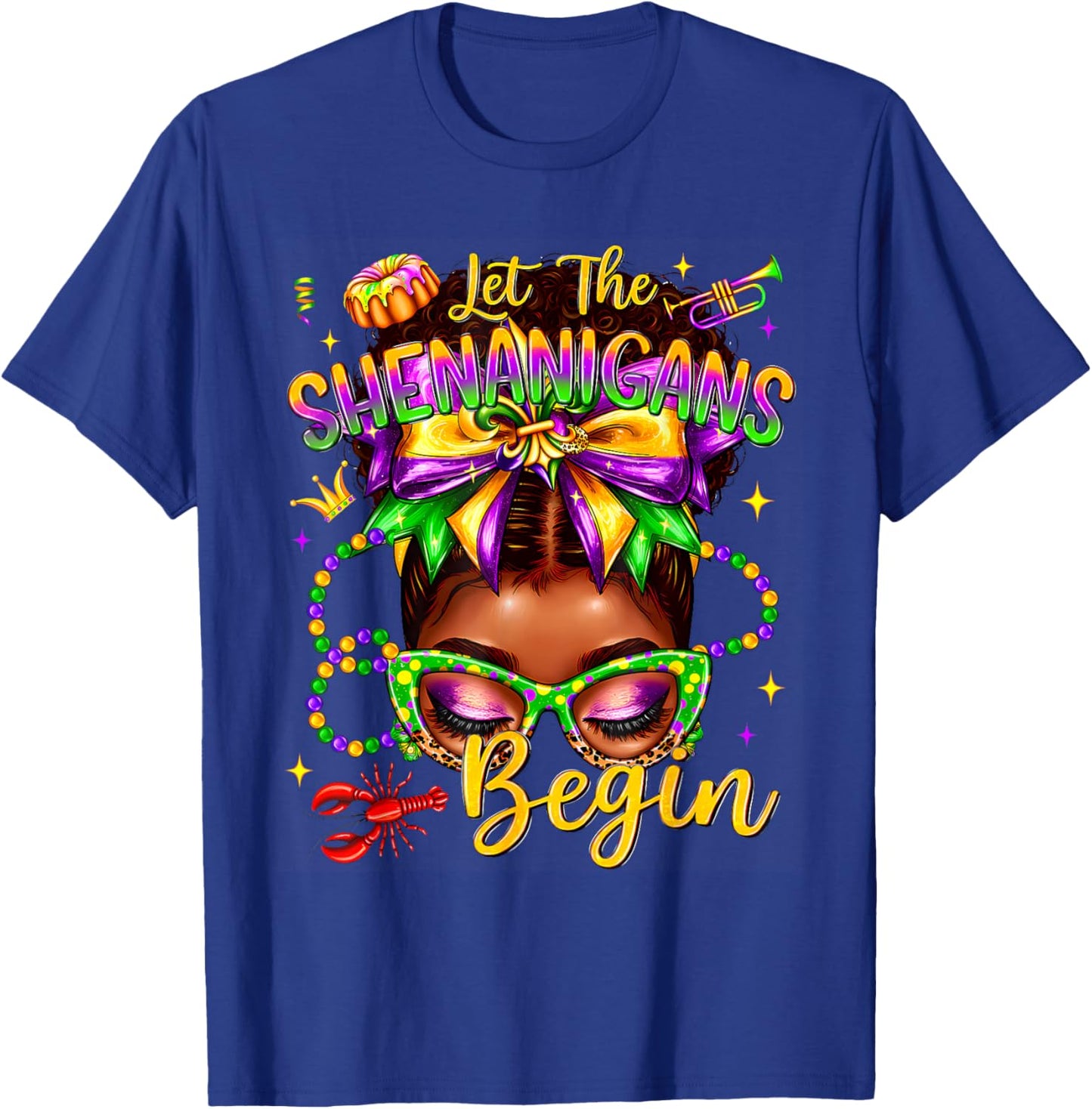 Afro Messy Bun Women Let The Shenanigans Begin Mardi Gras T-Shirt - T-Shirt | Royal