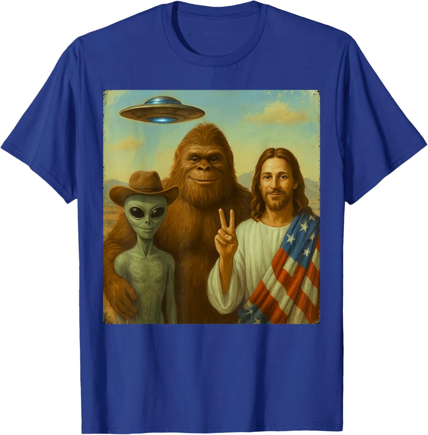 American Bigfoot Alien Jesus UFO Funny Cryptids Patriots T-Shirt - T-Shirt | Royal