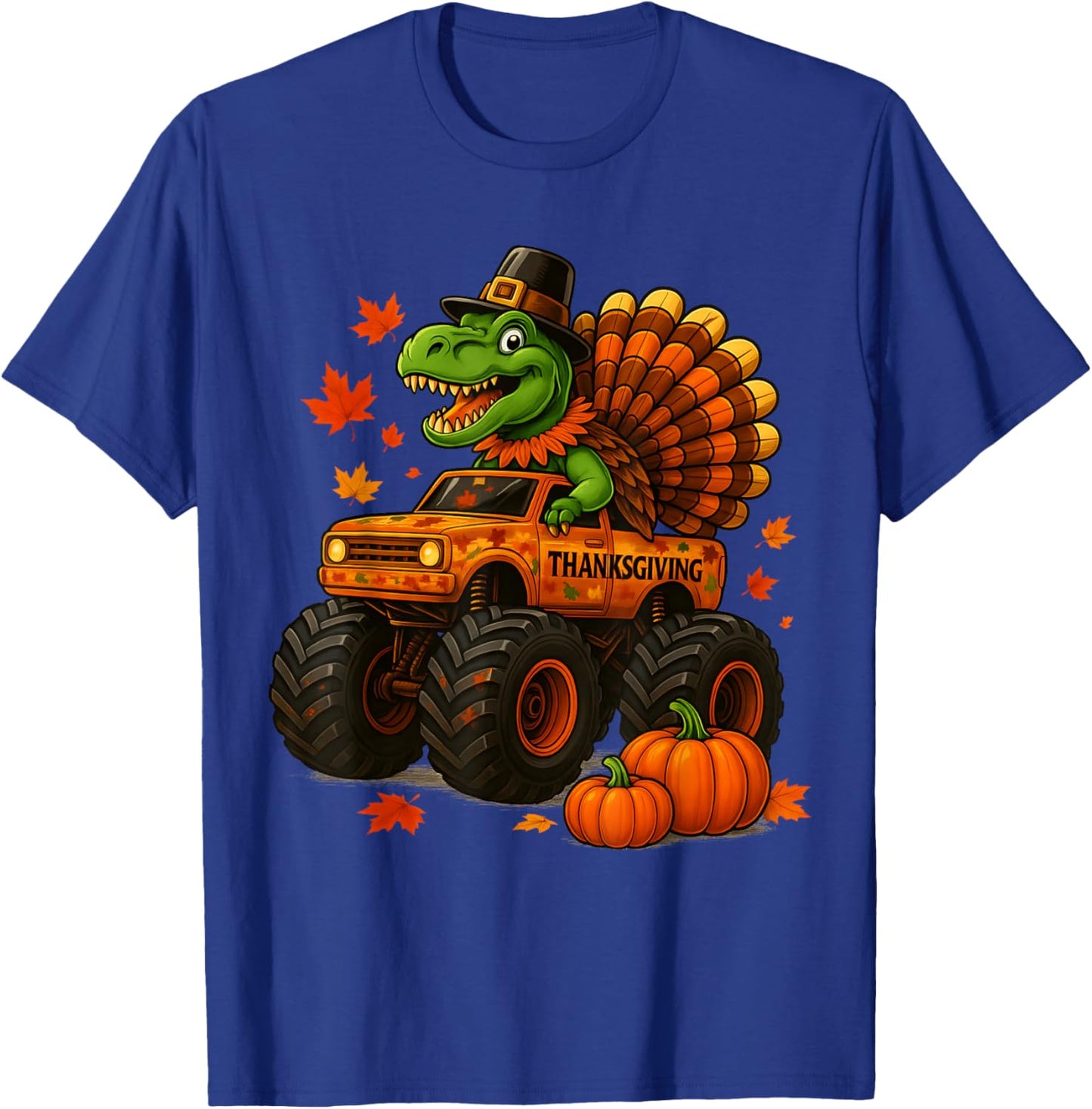 Monster Truck Trex Dinosaur Turkey Fall Thanksgiving Boy Kid T-Shirt - T-Shirt | Royal