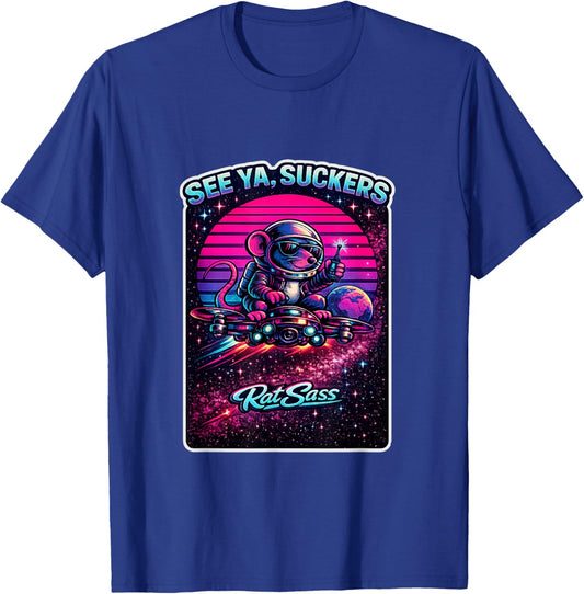 Space Escape Cartoon Rat Astronaut Drone Retro Sci-Fi Humor T-Shirt - T-Shirt | Royal