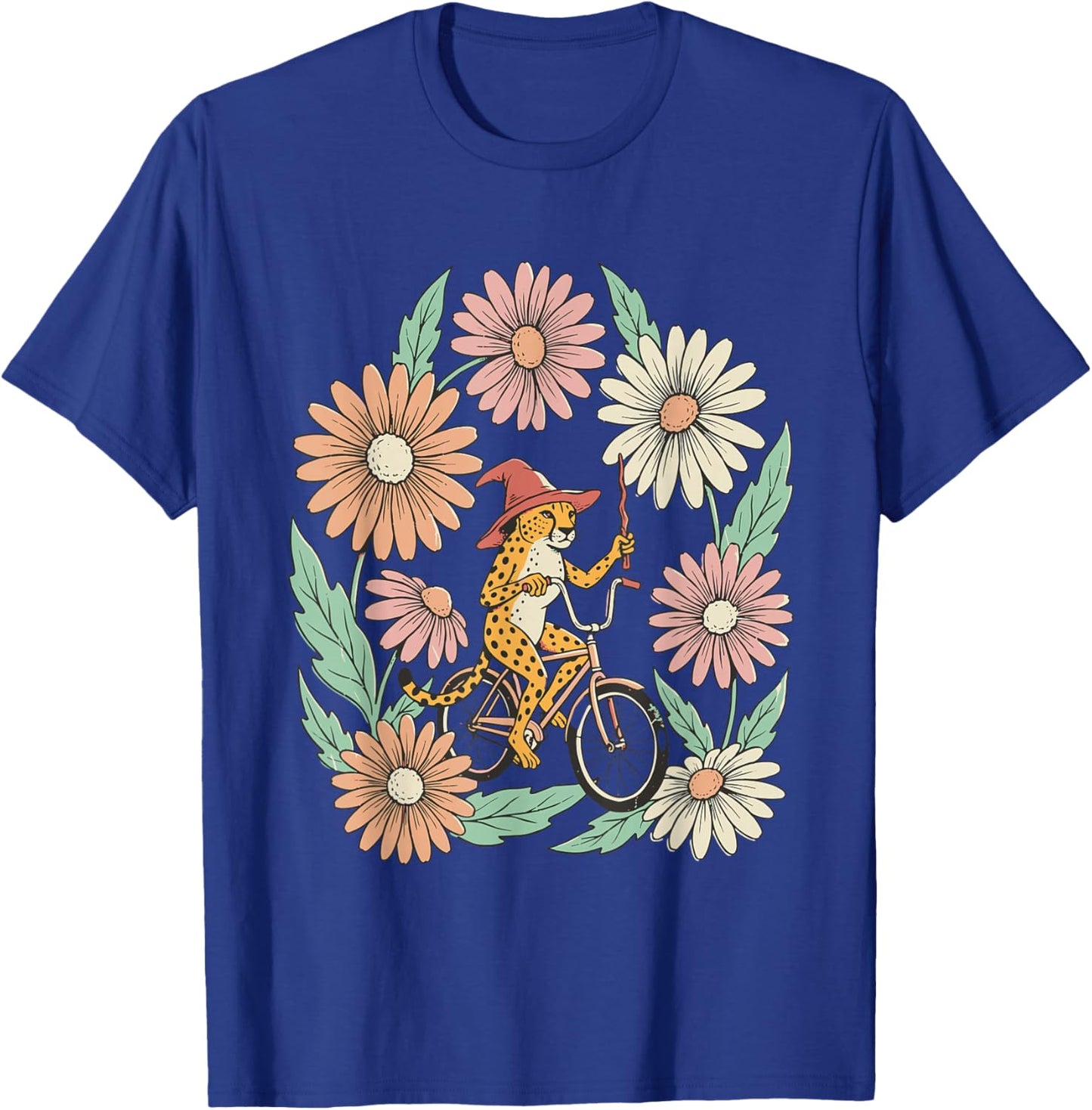 Vintage Cheetah Witch Riding Bicycle Floral T-Shirt - T-Shirt | Royal
