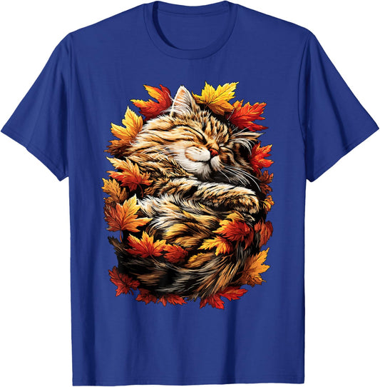Sleeping Tabby Cat with Fall Leaves Autumn Aesthetic Kitten T-Shirt - T-Shirt | Royal
