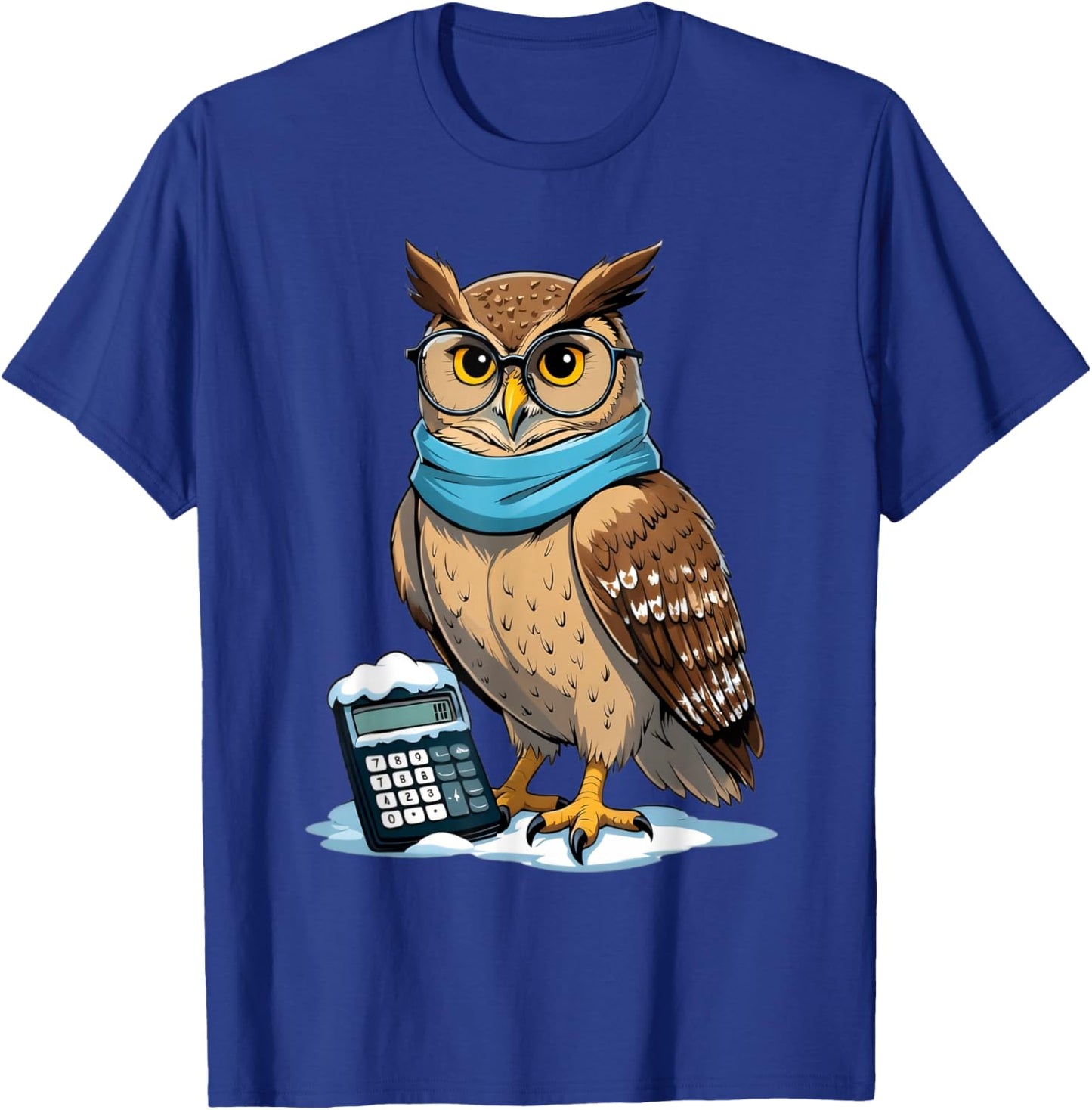 Cartoon Owl with Glasses and Calculator in Snow T-Shirt - T-Shirt | Royal