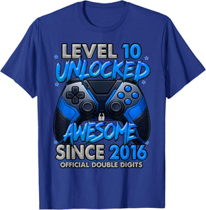 Level 10 Unlocked Awesome Since 2016 10th Birthday Gaming T-Shirt - T-Shirt | Royal