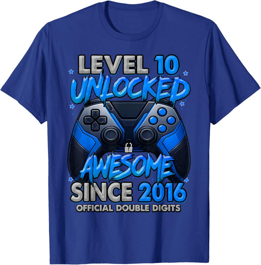 Level 10 Unlocked Awesome Since 2016 10th Birthday Gaming T-Shirt - T-Shirt | Royal