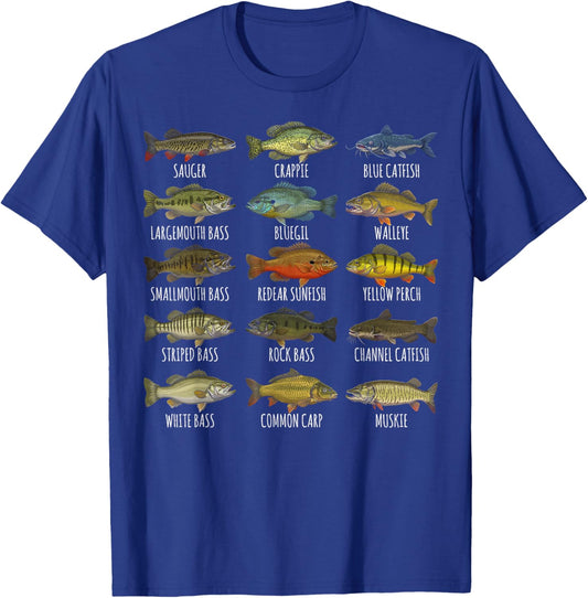 Types of Freshwater Fish Species Biology Fishing Fisherman T-Shirt - T-Shirt | Royal