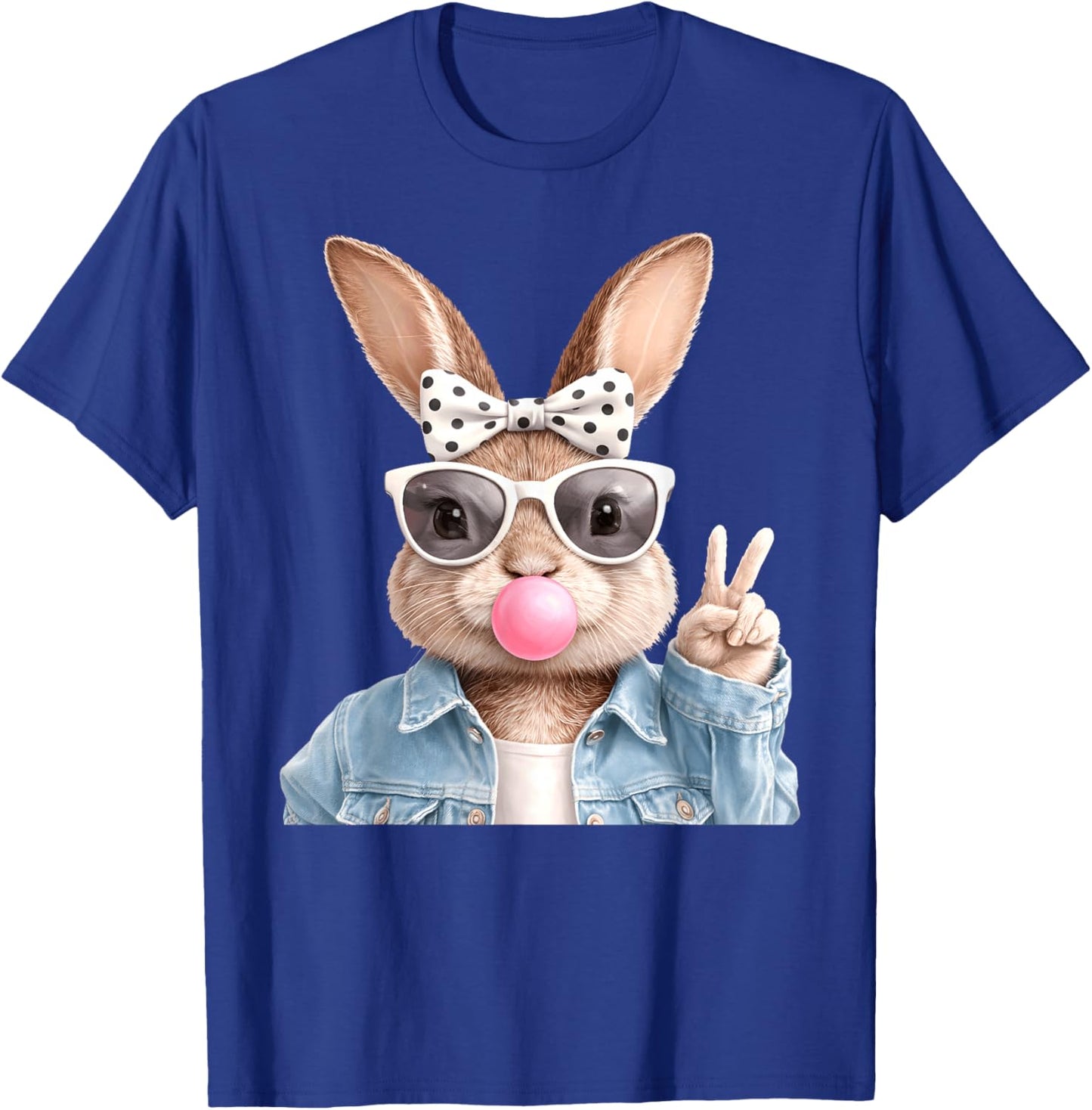 Cute Easter Bunny Peace Sign Bubble Gum Spring Art Kids Girl T-Shirt - T-Shirt | Royal