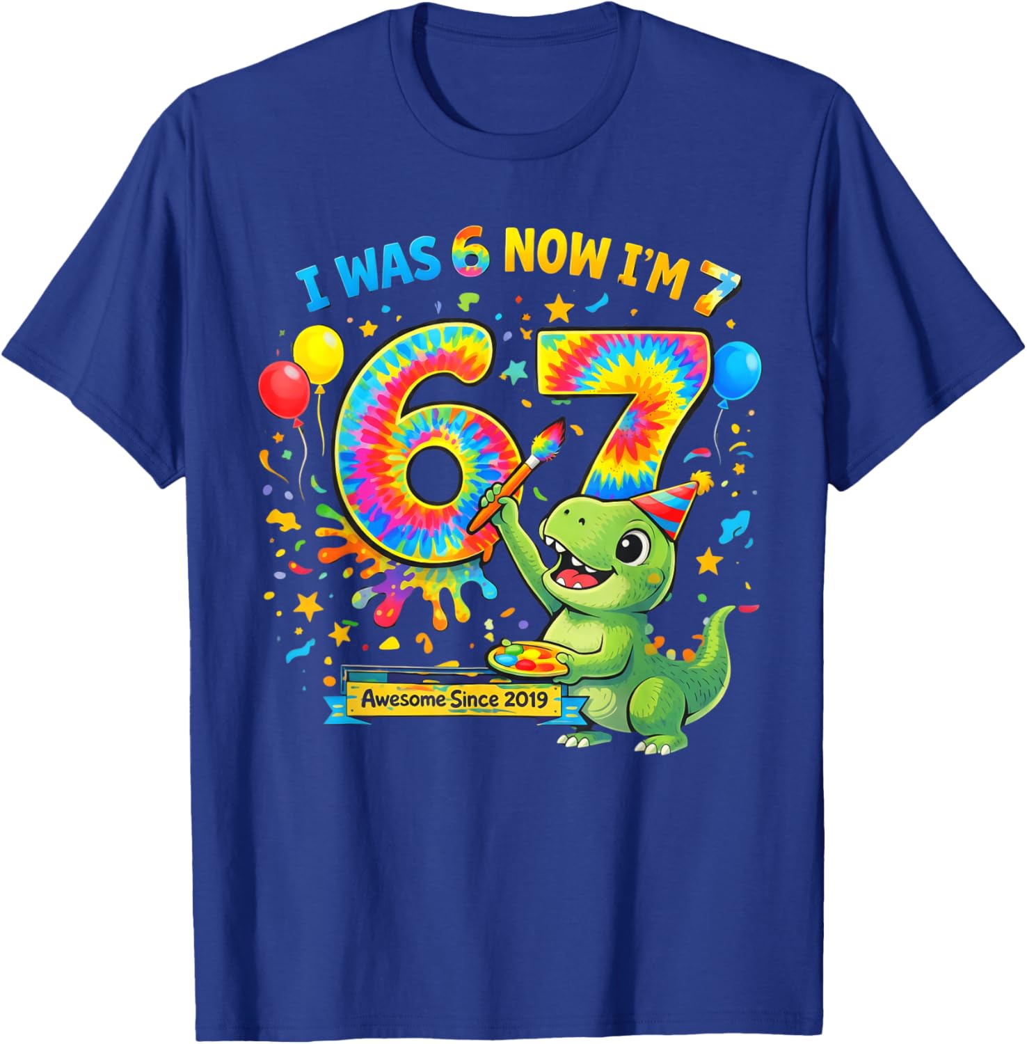 I was 6 Now I’m 7 Dinosaur Birthday Awesome Since 2019 T-Shirt - T-Shirt | Royal