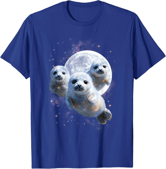 Vintage 3 Baby Seal Full Moon Galaxy Stars Space Wolf T-Shirt - T-Shirt | Royal