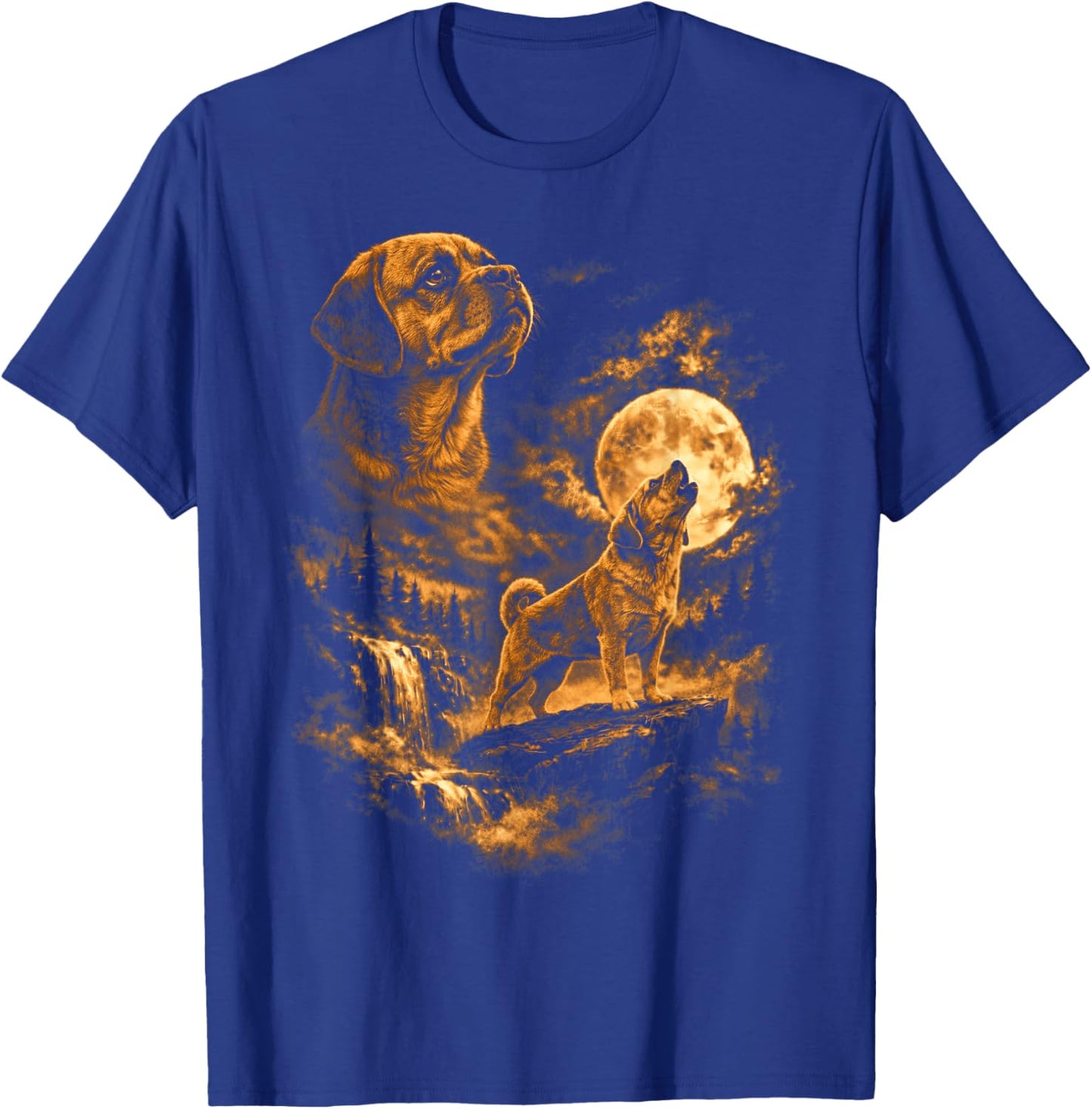 Puggles Howling Moon Dog Fantasy Forrest Wilderness T-Shirt - T-Shirt | Royal