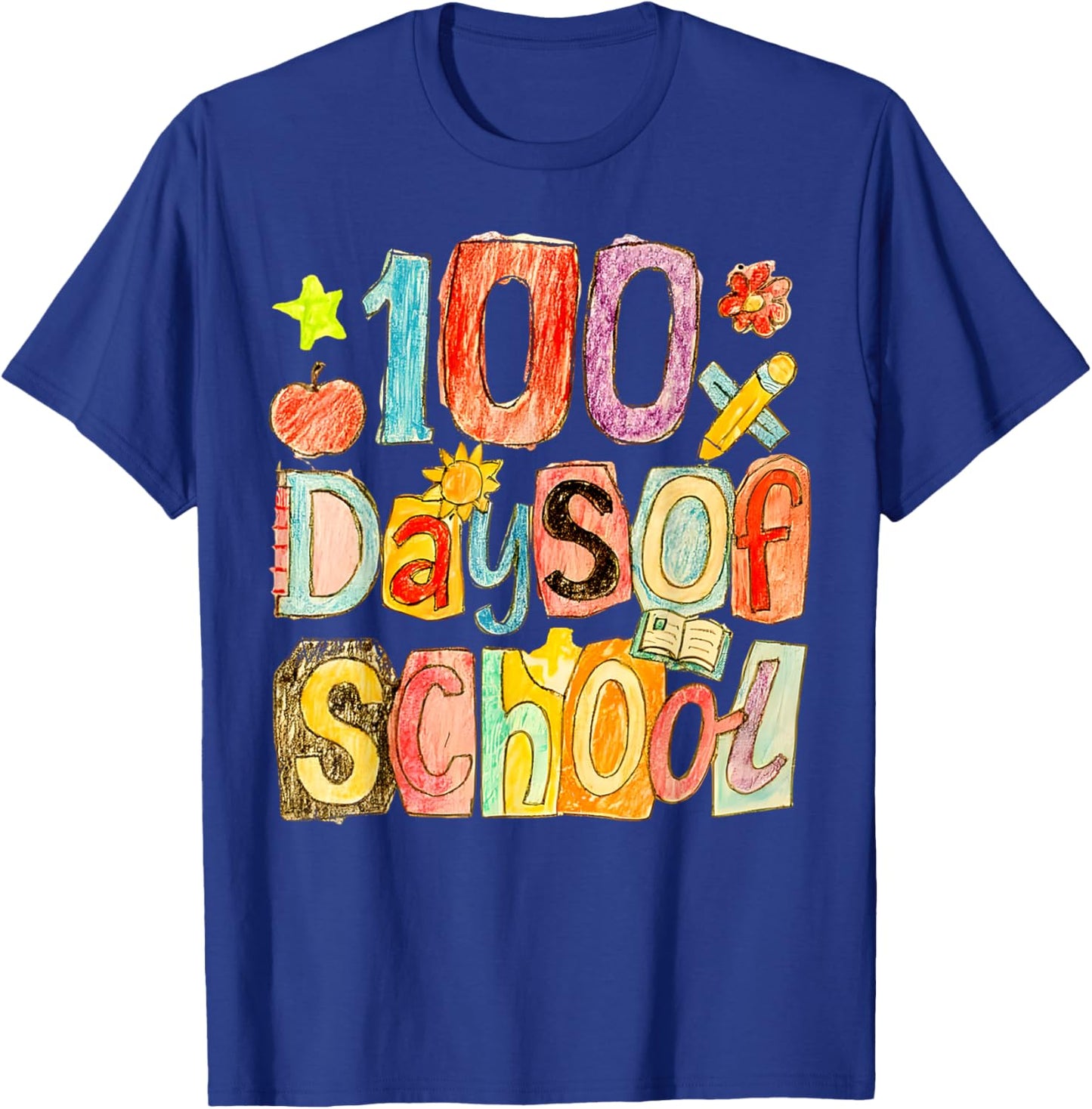 100 Days of School Crayon Art 100th Day Teacher Boys Girls T-Shirt - T-Shirt | Royal
