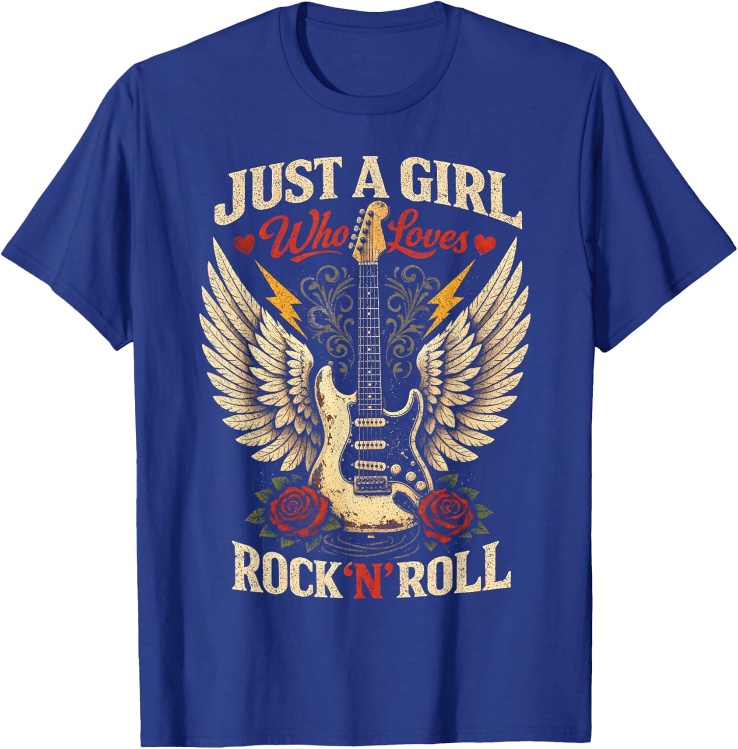 Just a Girl Who Loves Rock N Roll Guitar Wings Roses T-Shirt - T-Shirt | Royal