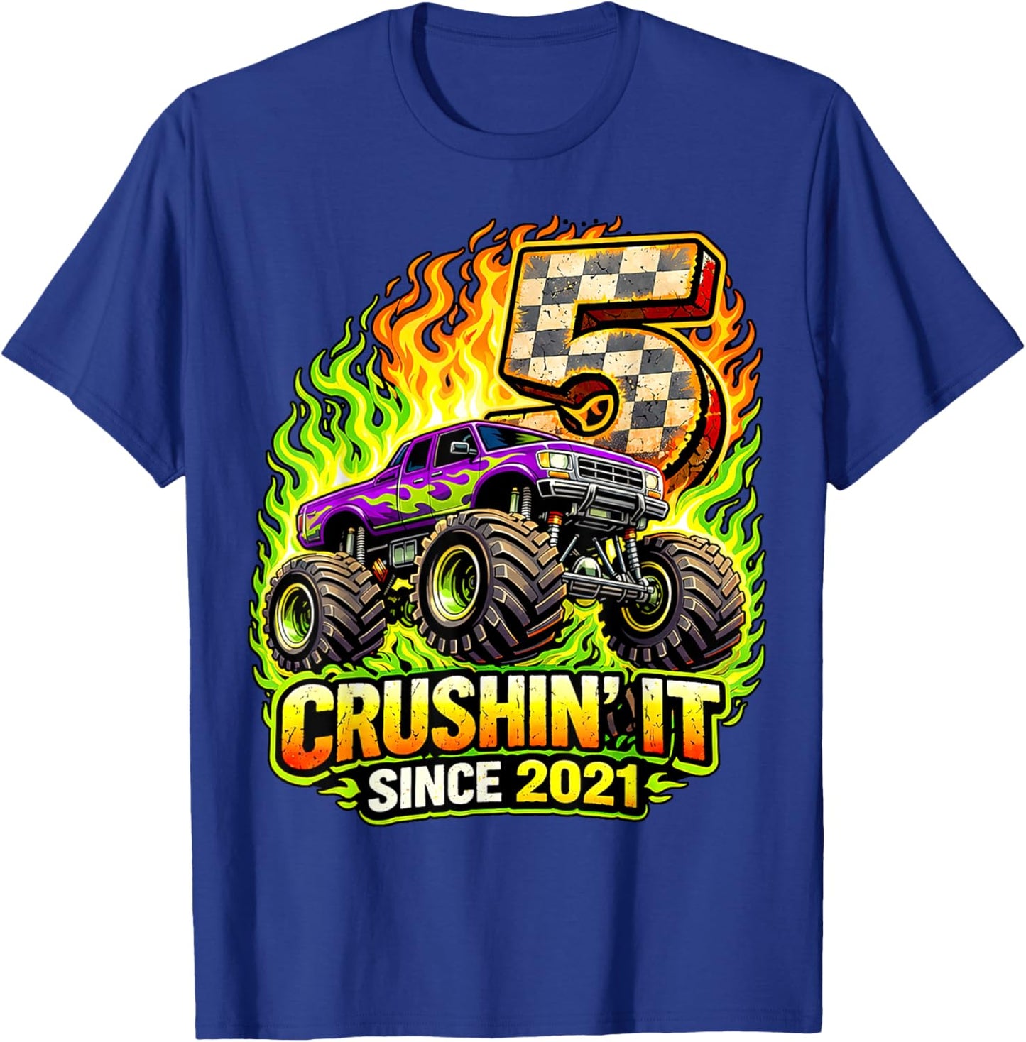 Birthday Monster Truck 5 Year Old Boys 5th Party Born 2021 T-Shirt - T-Shirt | Royal