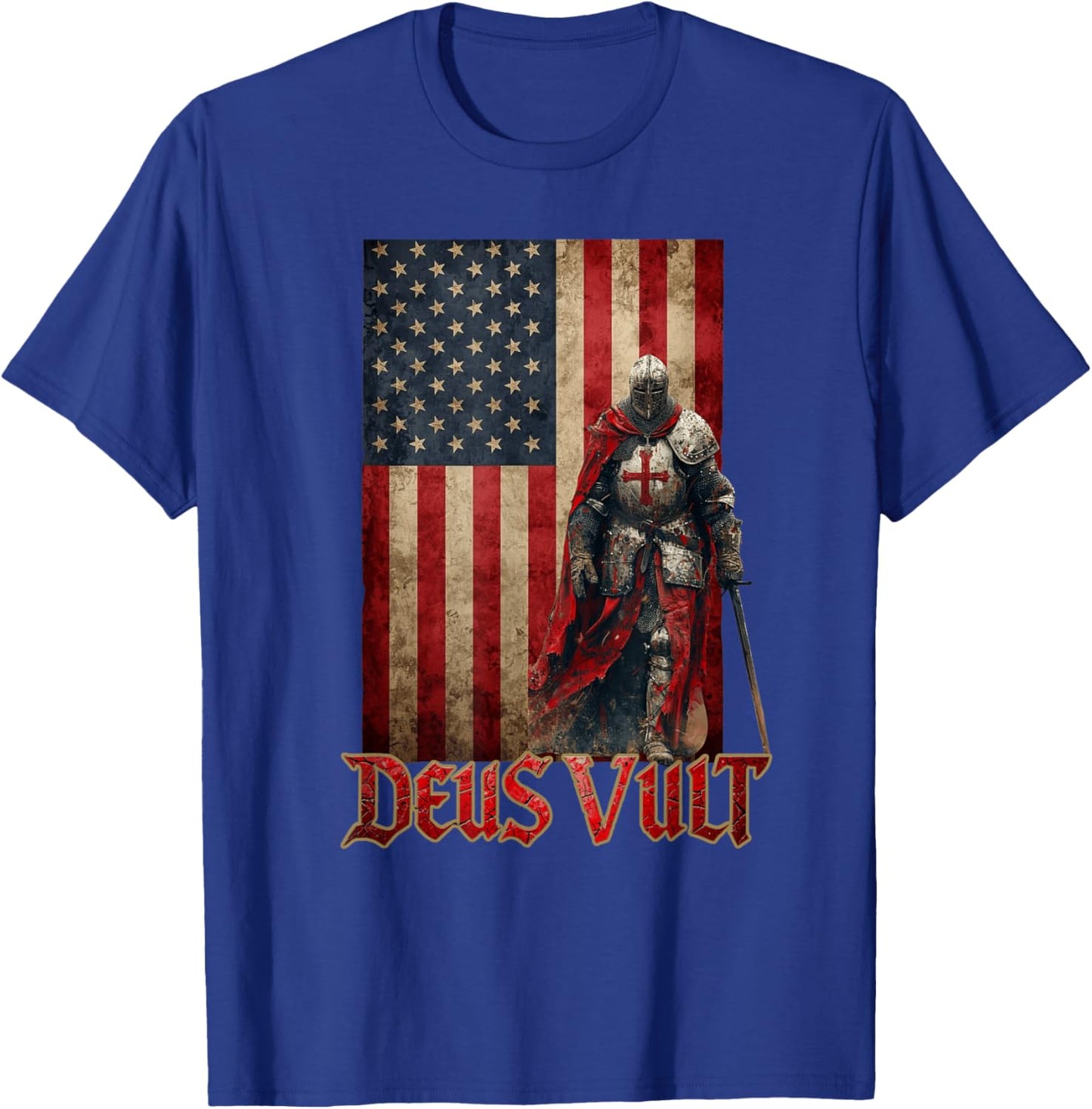 Deus Vult Knight Templar American Flag Crusader T-Shirt - T-Shirt | Royal
