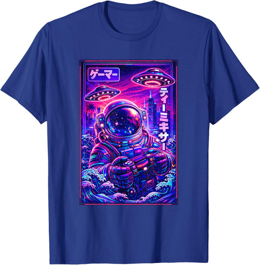 Japanese Synthwave Sci Fi UFO Astronaut Graphic Cool Gamer T-Shirt - T-Shirt | Royal