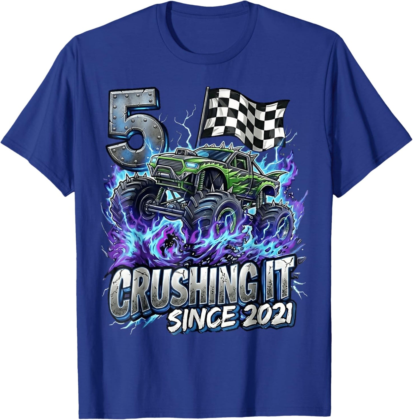 5th Birthday Monster Truck 5 Years Old Boys Kids Born 2021 T-Shirt - T-Shirt | Royal