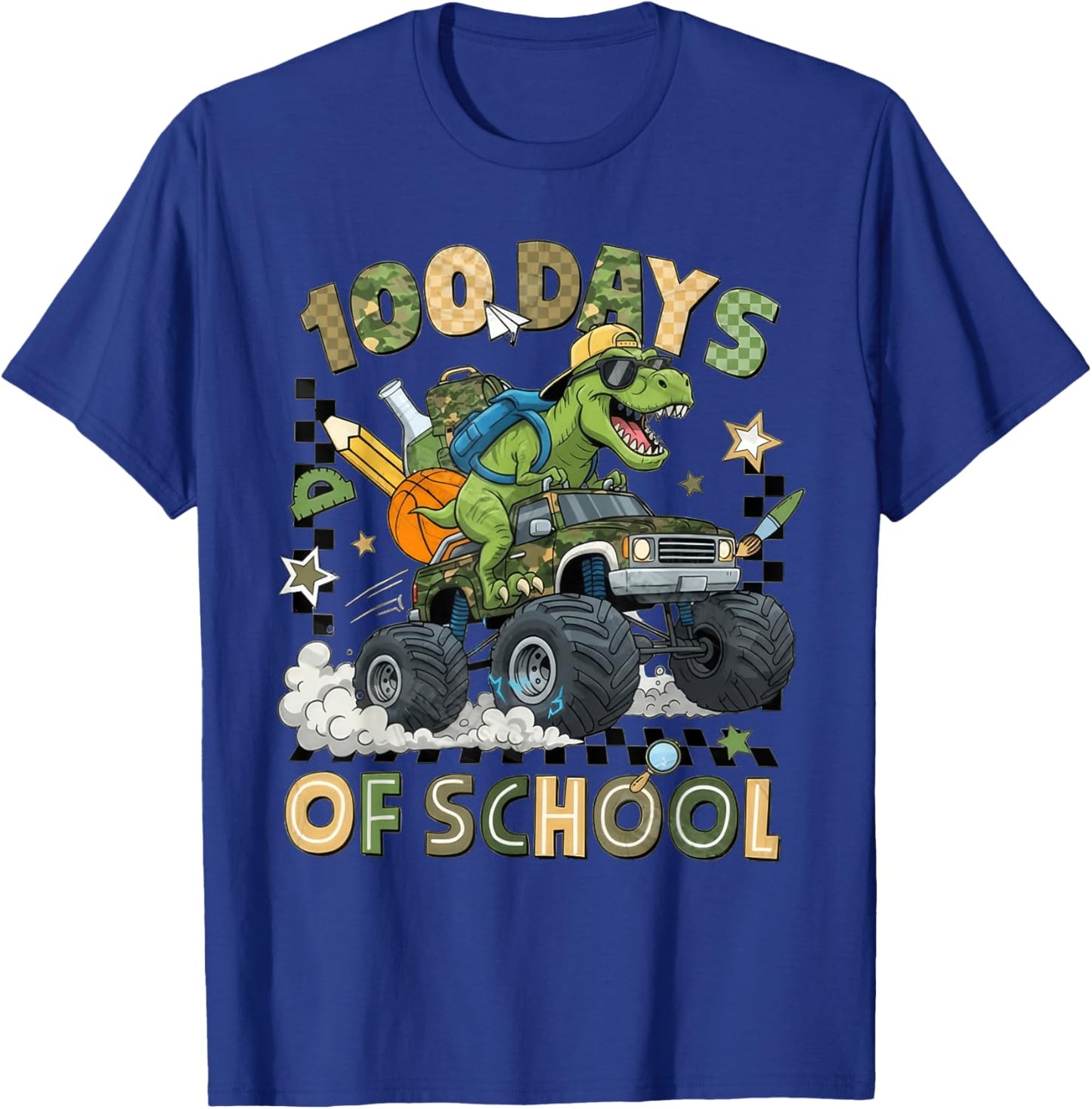 100 Days of School Monster Truck Camo 100th Day School Boys T-Shirt - T-Shirt | Royal