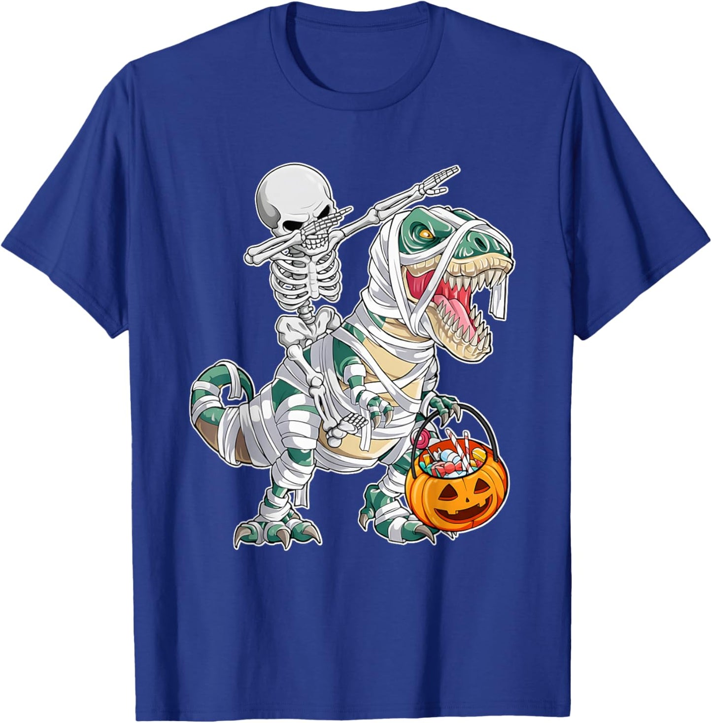 Skeleton Riding Dancing Dab Dinosaur Trex Halloween Funny T-Shirt - T-Shirt | Royal