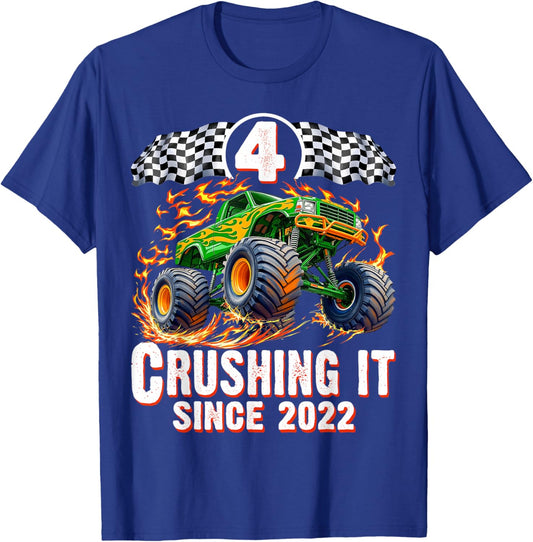 Birthday Monster Truck 4 Year Old Boys 4th Party Born 2022 T-Shirt - T-Shirt | Royal
