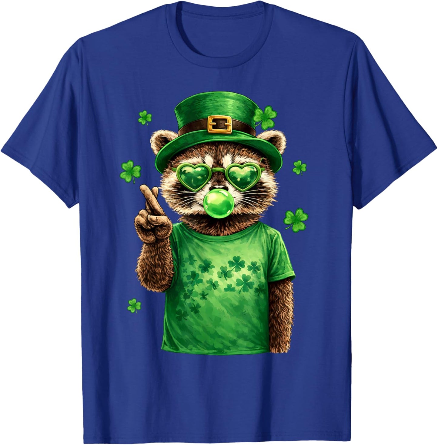 St Patricks Day Raccoon Feral Leprechaun Lucky Hand Shamrock T-Shirt - T-Shirt | Royal