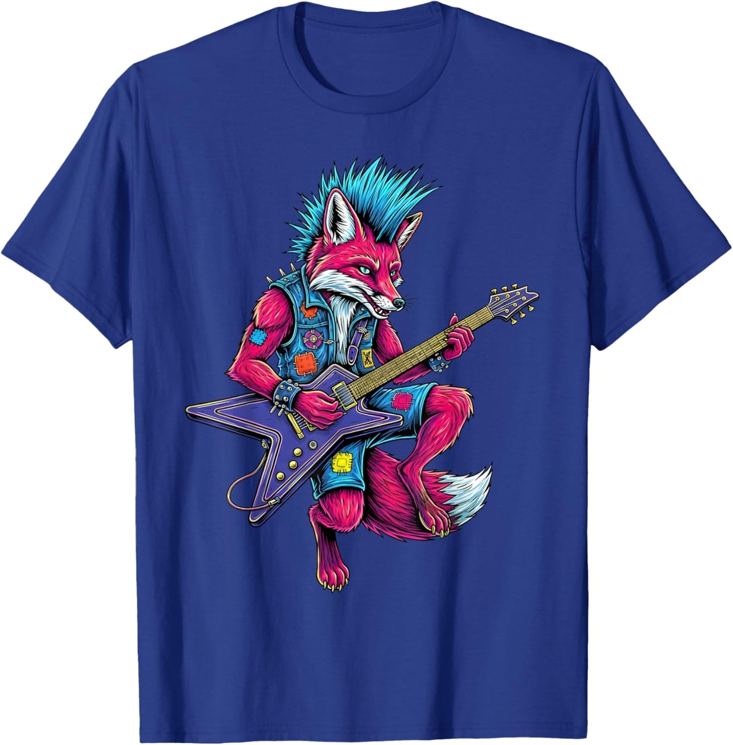Funny Punk Fox Rocker Playing Electric Guitar Cool Music Art T-Shirt - T-Shirt | Royal