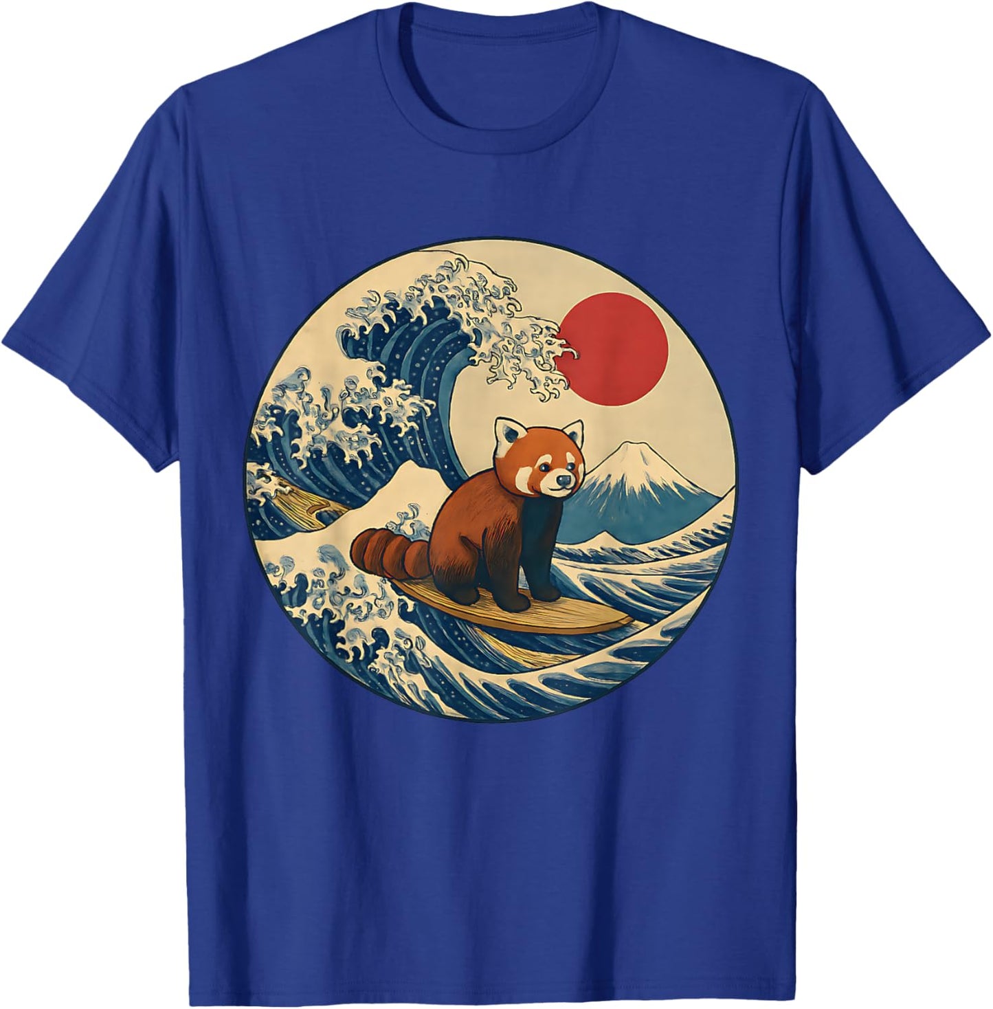 Japanese Surf Animal Red Panda Kanagawa Wave Graphic T-Shirt - T-Shirt | Royal