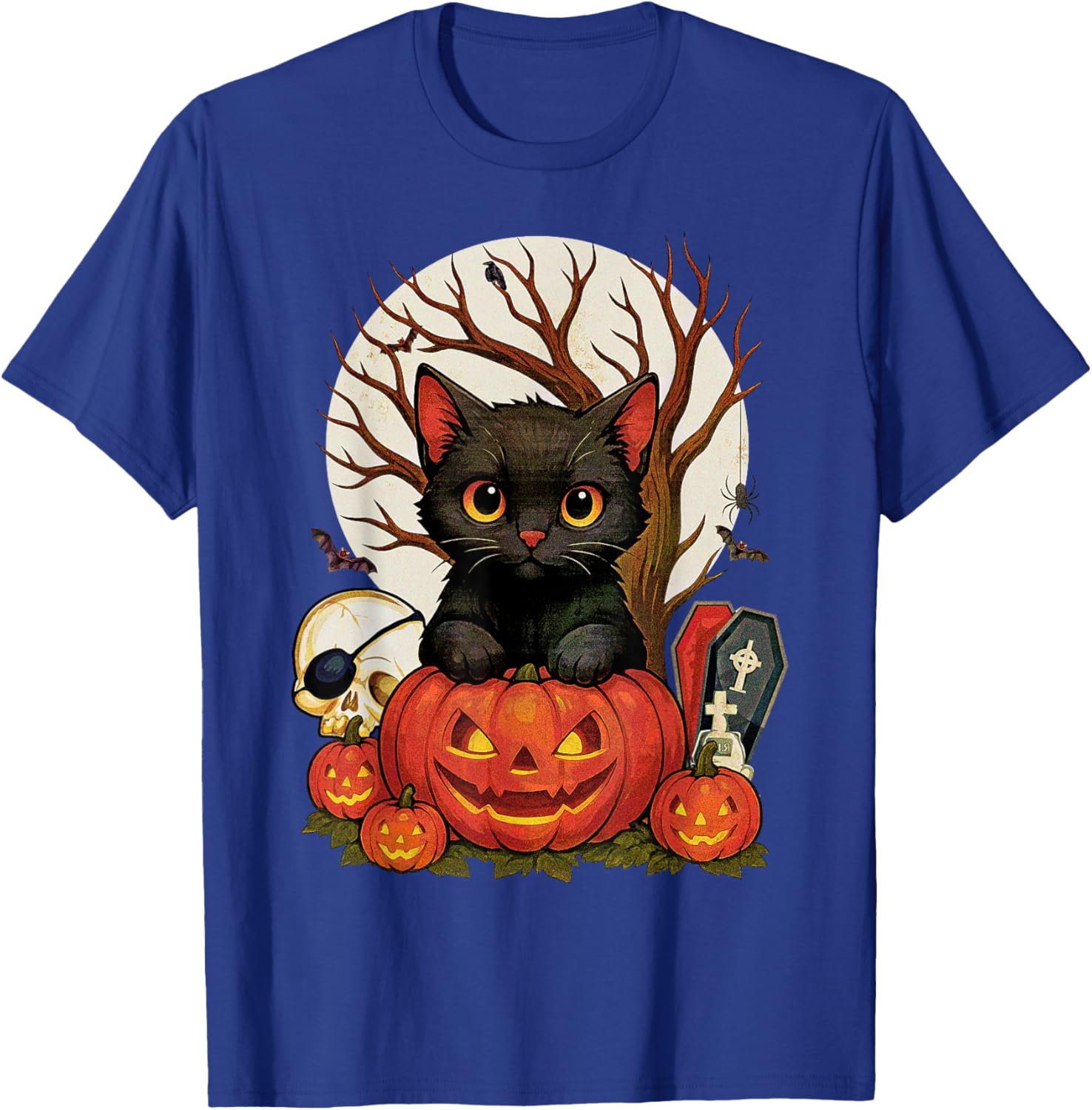 Vintage Halloween Moon Retro Scary Black Cat Men Graphic T-Shirt - T-Shirt | Royal