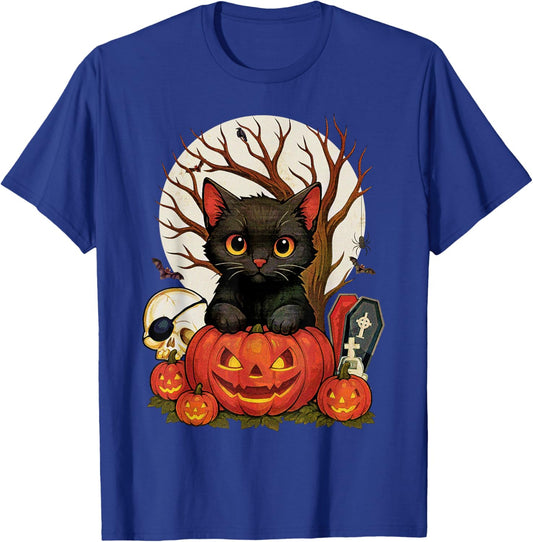 Vintage Halloween Moon Retro Scary Black Cat Men Graphic T-Shirt - T-Shirt | Royal