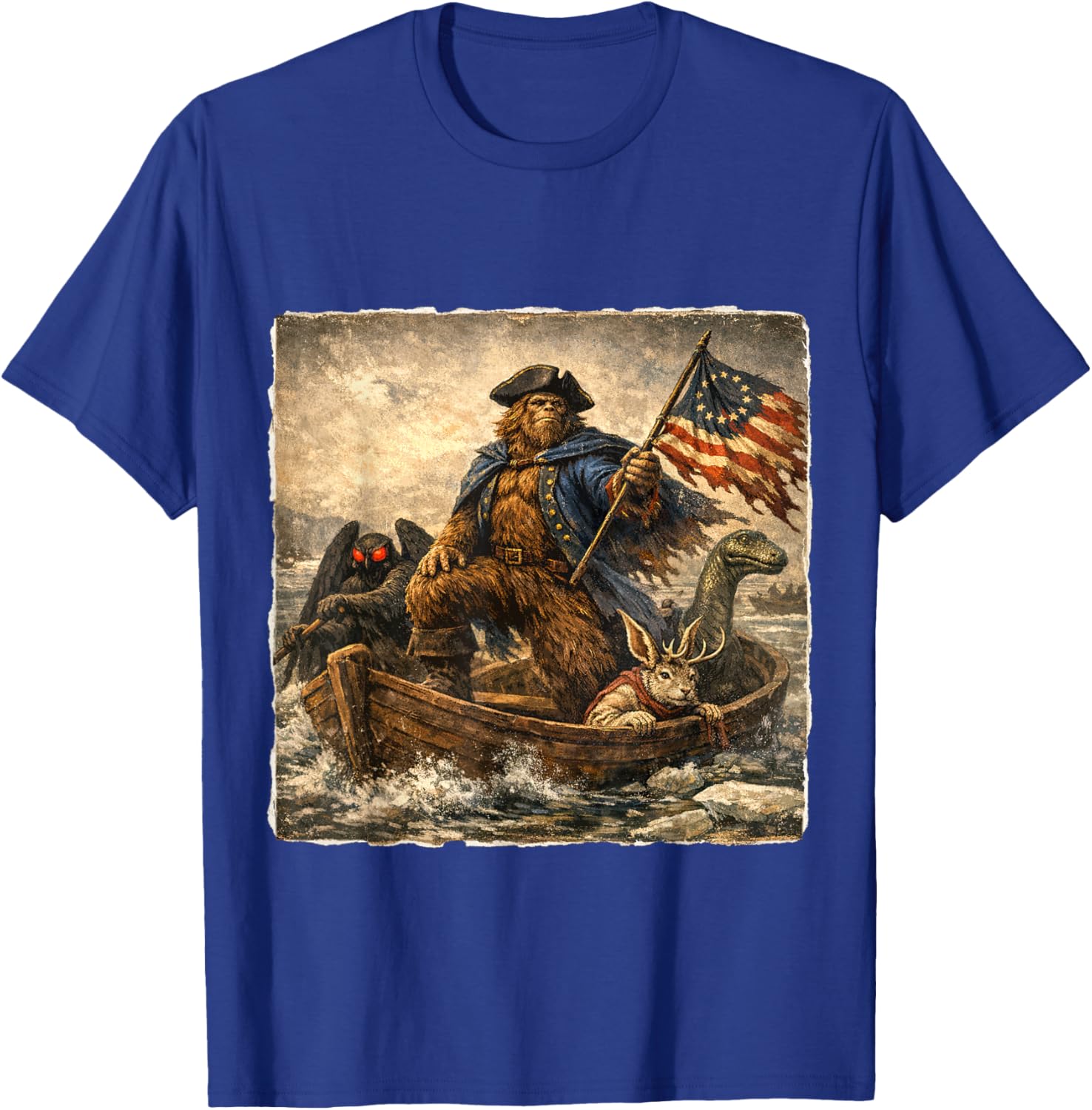 Bigfoot Crossing The Delaware Patriotic Funny 4th of July T-Shirt - T-Shirt | Royal