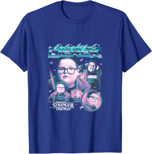 Stranger Things Delightful Derek Collage Retro 80s Neon Text T-Shirt - T-Shirt | Royal