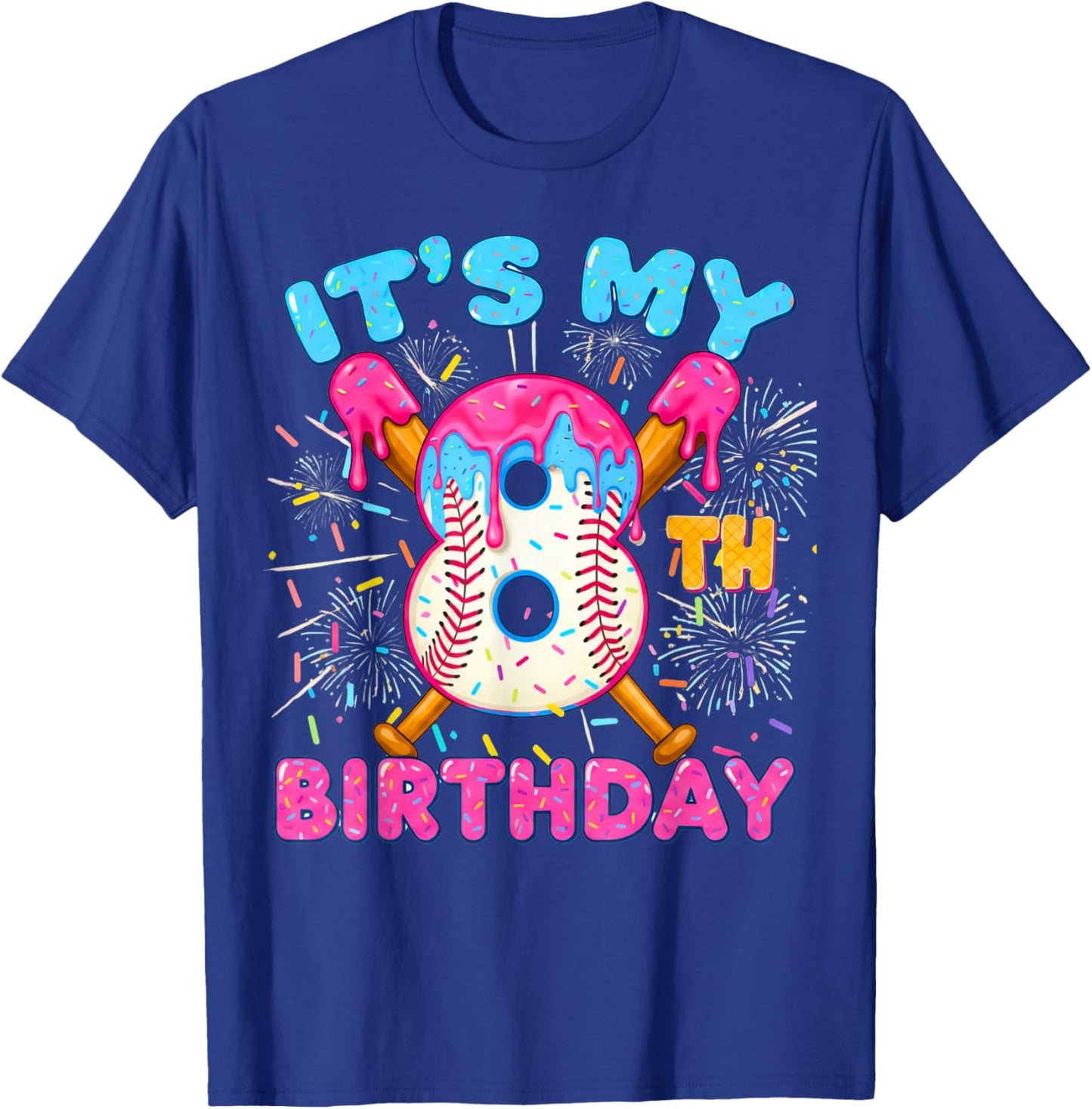 8th Birthday Baseball 8 Year Old Ice Cream Drip Boy Baseball T-Shirt - T-Shirt | Royal