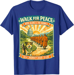Walk for Peace Monks Dog USA Journey 2025-2026 Vintage Zen T-Shirt - T-Shirt | Royal