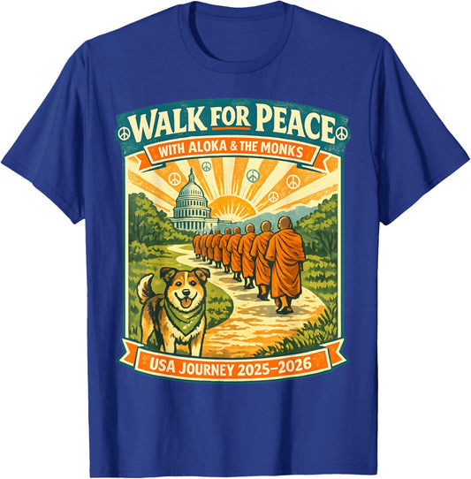 Walk for Peace Monks Dog USA Journey 2025-2026 Vintage Zen T-Shirt - T-Shirt | Royal