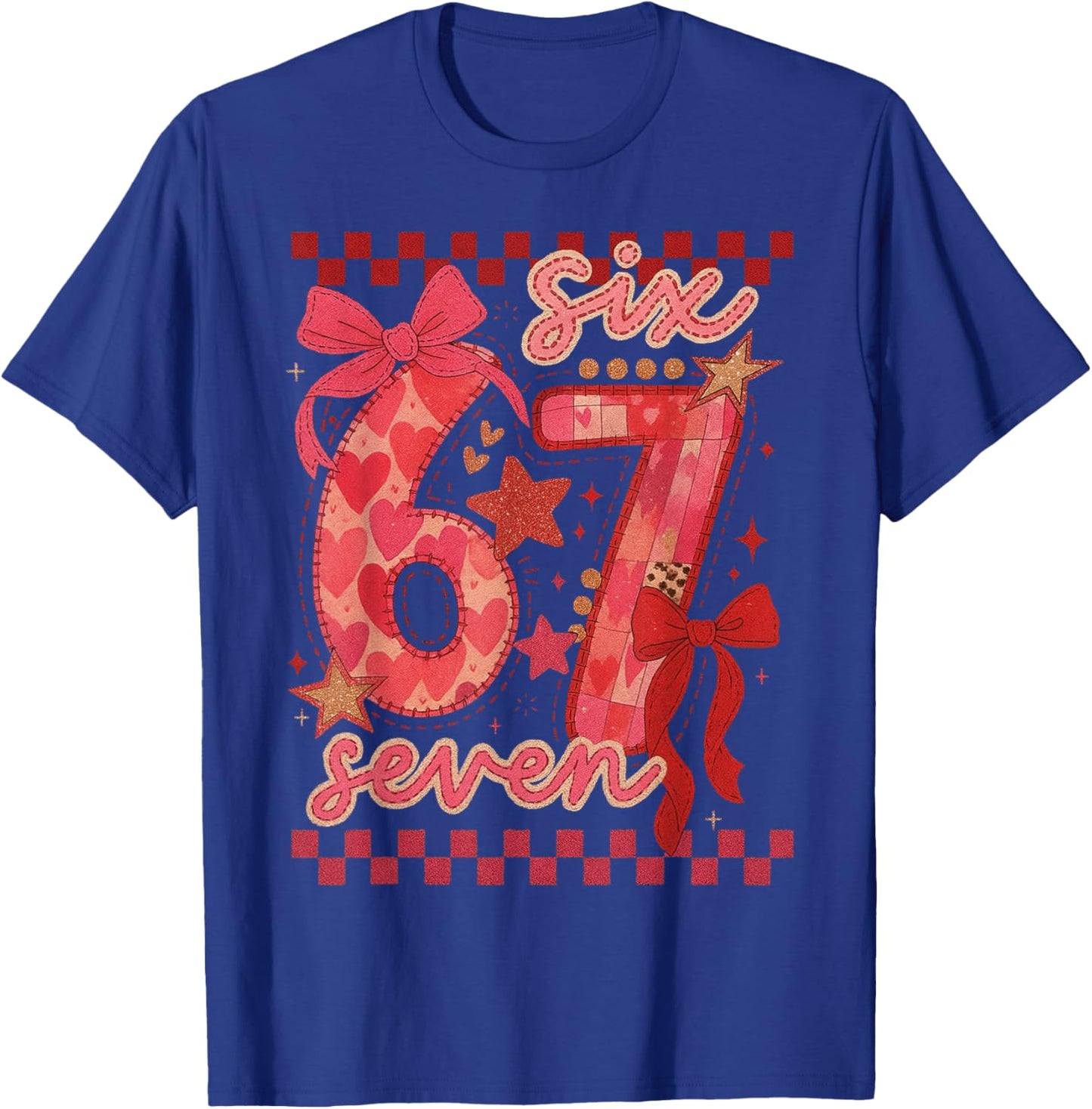 Six Seven Valentine 6 7 Meme Checkered Coquette Bow T-Shirt - T-Shirt | Royal