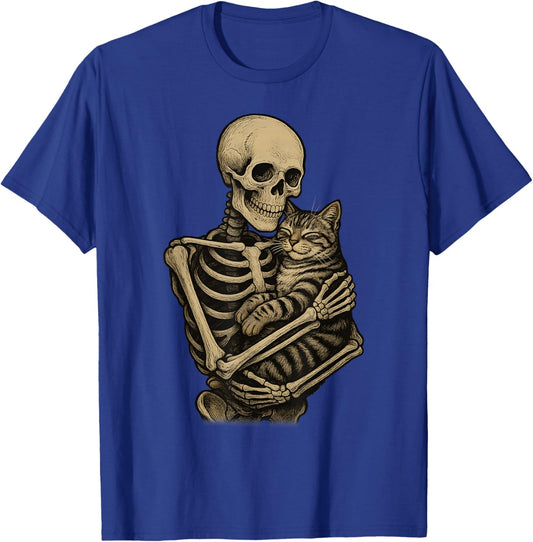 Skeleton Hugging American Shorthair cat Funny Halloween T-Shirt - T-Shirt | Royal