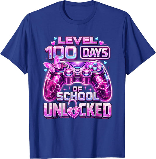 Girls Gamer Pink Level 100 Days of School Unlocked 100th Day T-Shirt - T-Shirt | Royal